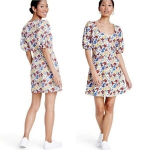 RIXO Floral Mini Dress in Cream with Red, Blue, Yellow & Green Print